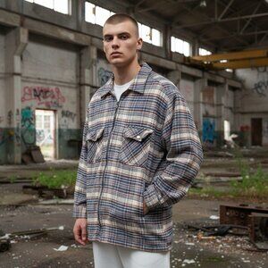 Vintage 90s Mens XL Property Blue Flannel Shirt Jacket Plaid Heavy Shacket